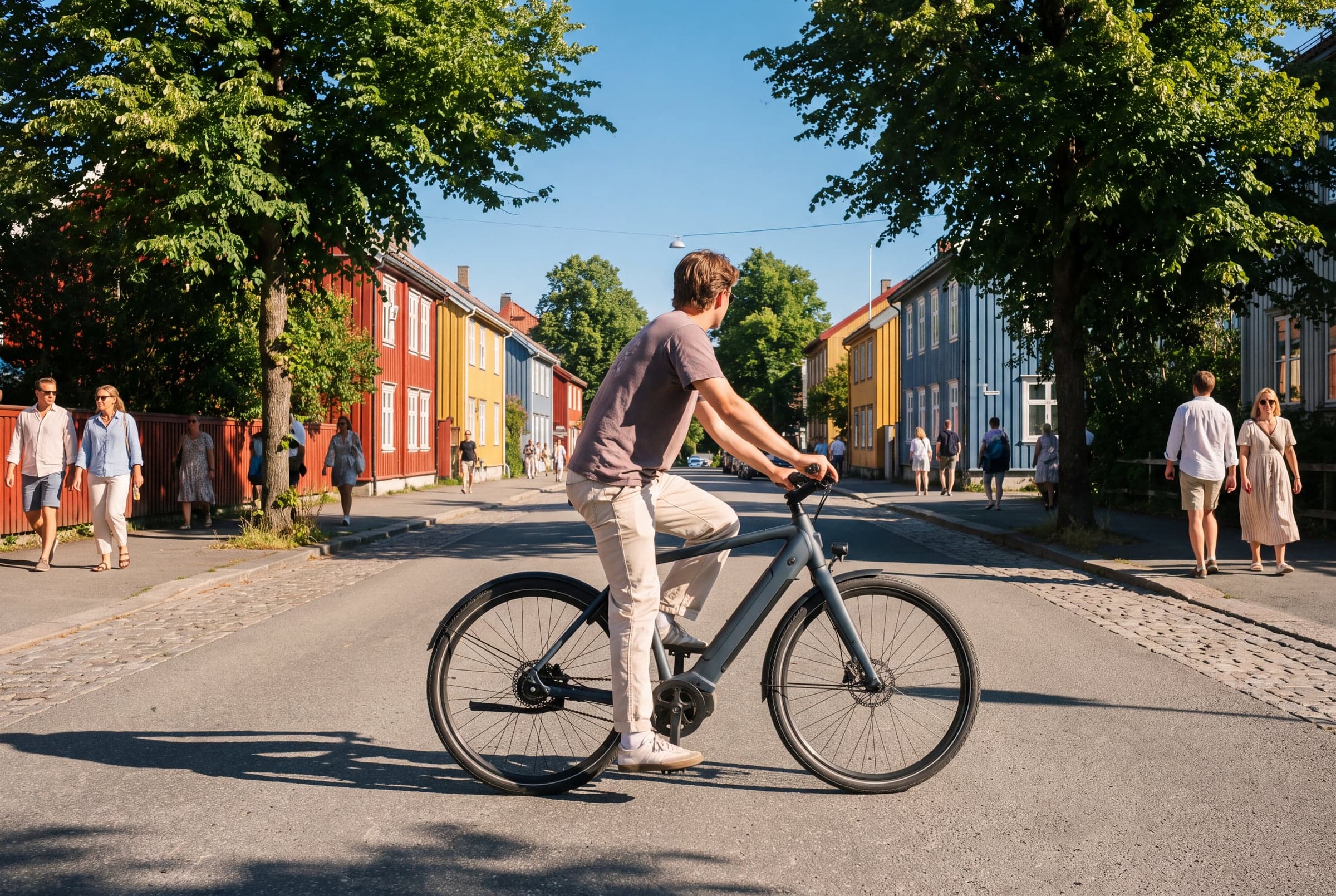 A rider pushes off at a Trondheim crossing, a studded tyre biting into slush.